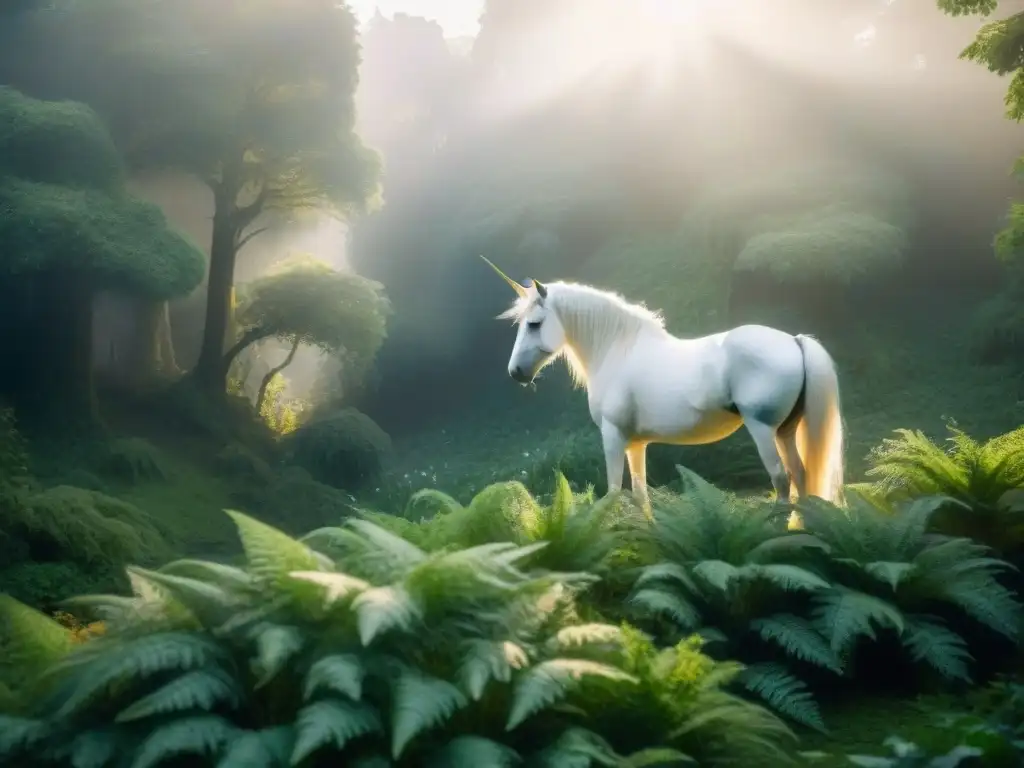 Un majestuoso unicornio en los bosques místicos de Avalon, su pelaje blanco brilla bajo la luz del sol entre antiguos árboles