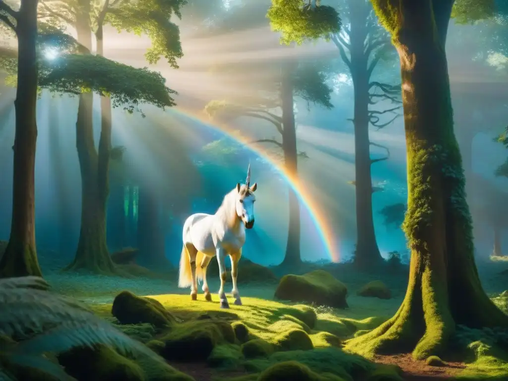 Un majestuoso unicornio en un claro del bosque, iluminado por la luna, evocando conexión con criaturas místicas y espiritualidad