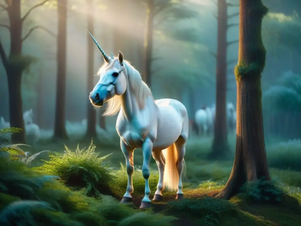 Un majestuoso unicornio etéreo en un bosque místico al atardecer