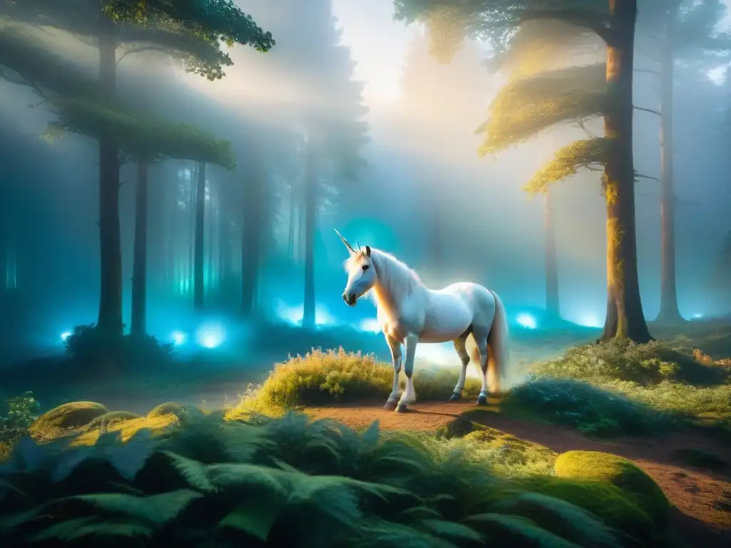 Un majestuoso unicornio iridiscente en un bosque místico, emanando sabiduría y gracia divina