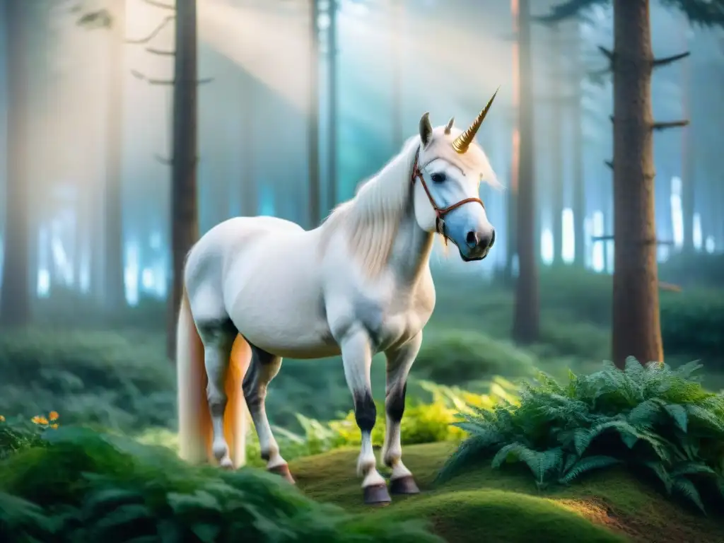 Un majestuoso unicornio con pelaje brillante en un bosque místico, bajo la luz del sol