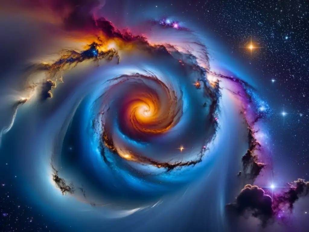 Un majestuoso universo caótico, con galaxias entrelazadas y colisiones celestiales, evocando la Teoría del Caos en Universos Paralelos