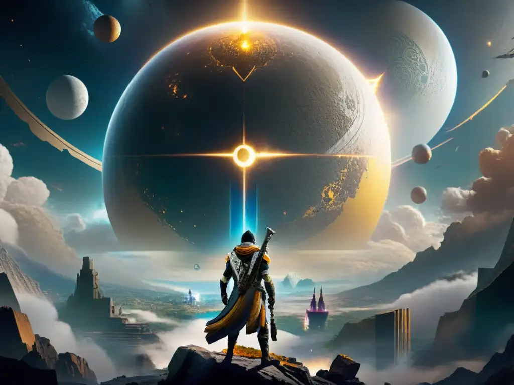 El majestuoso Universo expansivo de Destiny 2: el Viajero y Guardianes en la Última Ciudad, bajo un cielo místico y estelar