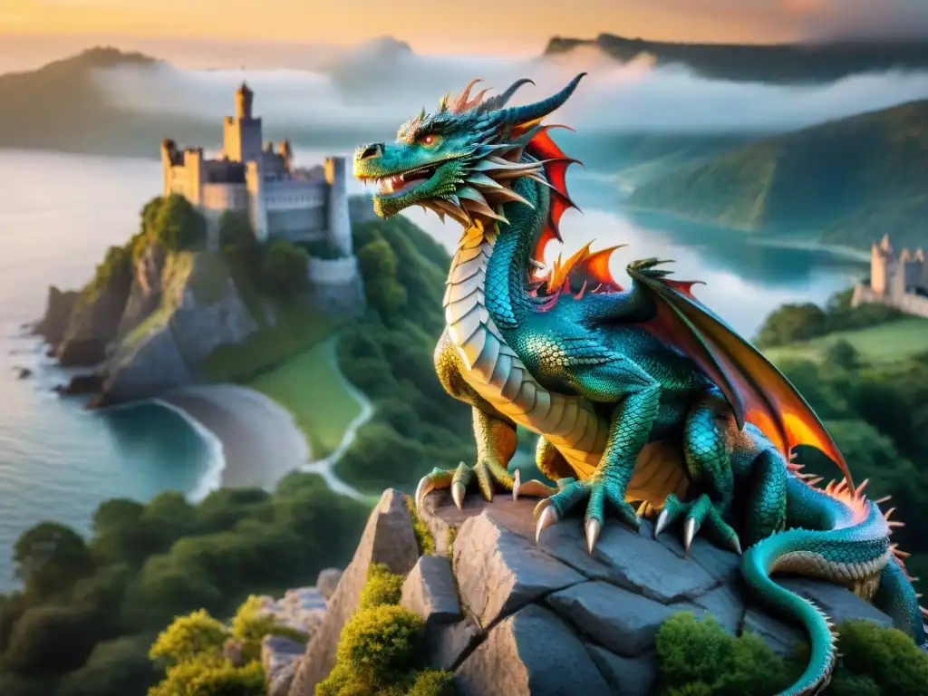 Dragón majestuoso en un universo fantástico con castillos y neblinas, merchandising personalizado