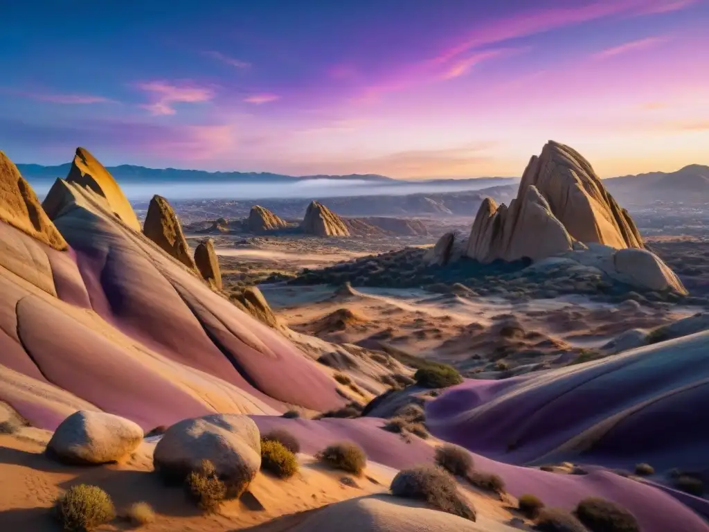 Majestuosos Vasquez Rocks al atardecer, paisaje alienígena con rocas y cielo de ensueño en tonos púrpura, naranja y azul profundo
