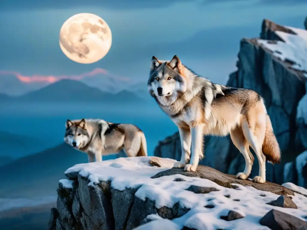 Manada de lobos huargo en la cima nevada, evocando sagas épicas con su aura de misterio y poder bajo la luna llena