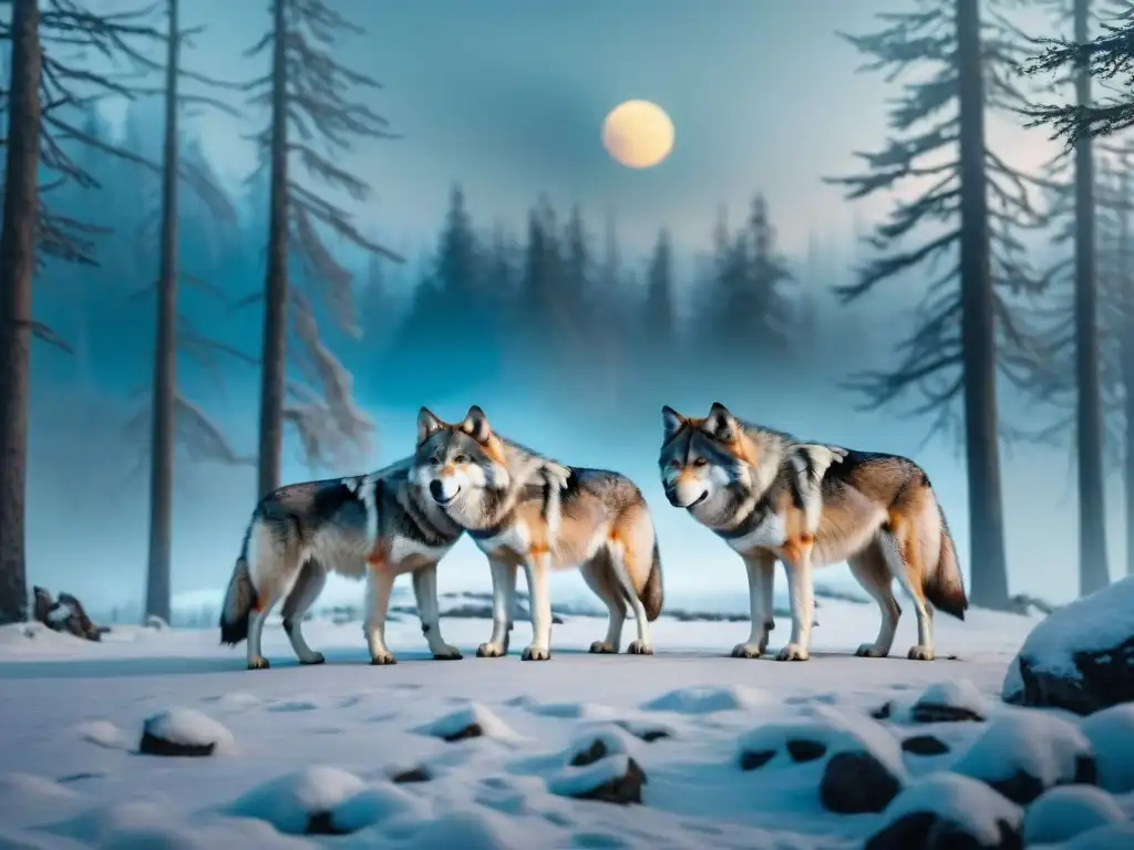Manada de lobos místicos en bosque nevado: imagen en 8k Manada de lobos míticos en bosque nevado, liderados por un lobo con aura de poder