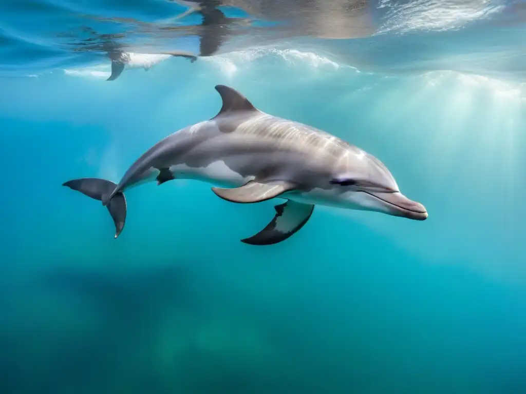 Una manada majestuosa de delfines nadando grácilmente en aguas cristalinas, comunicándose sincronizadamente