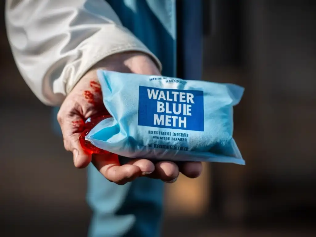 La mano desgastada sostiene bolsa de cristal azul manchada de sangre, con figura sombría al fondo