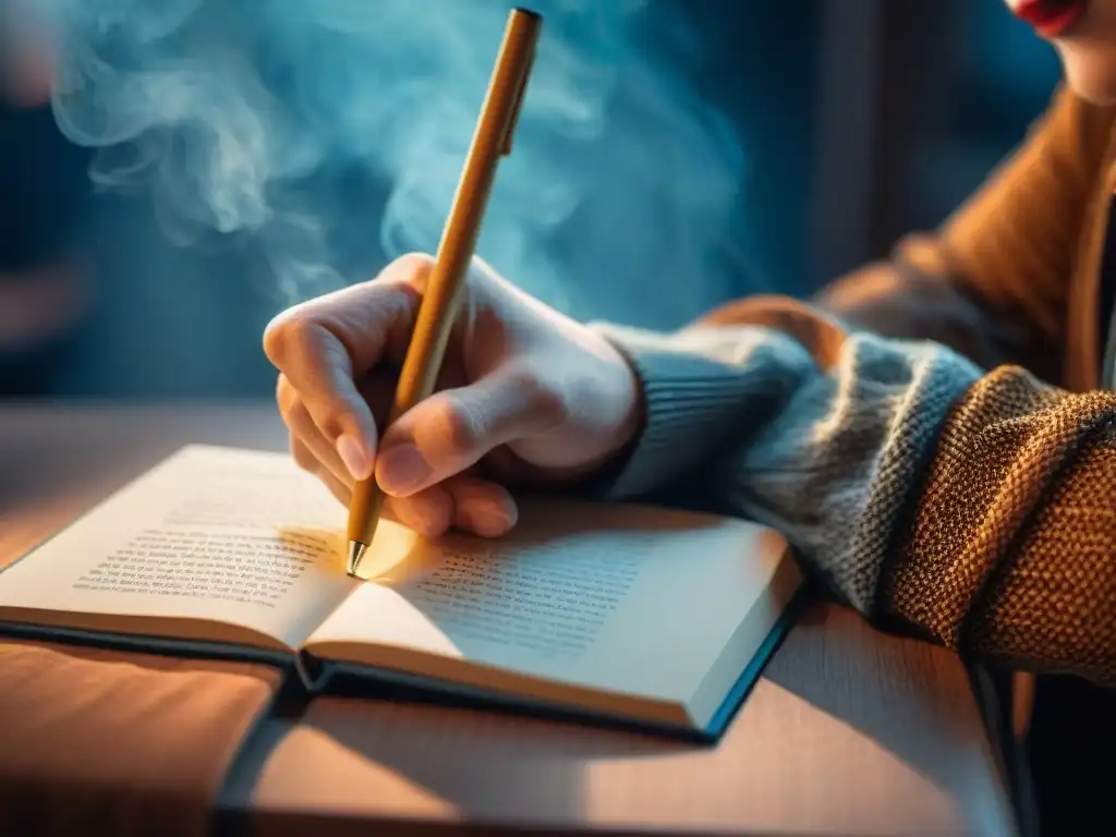 Mano firmando edición especial en convención, detalle firma, papel y emoción