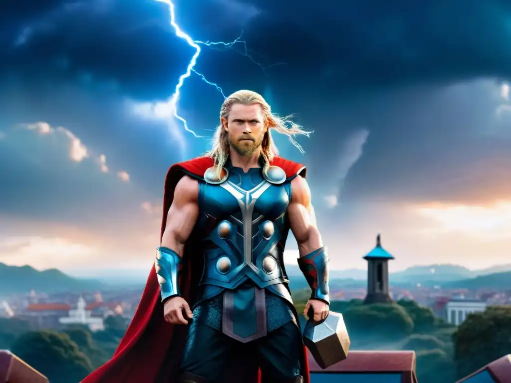 Thor, con Mjölnir en mano, fusiona elementos de la mitología nórdica en una ciudad moderna