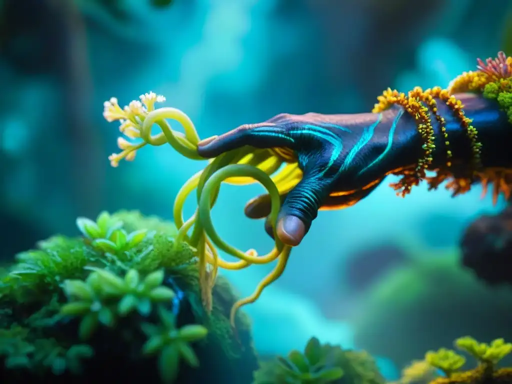 Mano de guerrero Na'vi entrelazada con planta bioluminiscente La mano de un guerrero Na'vi entrelazada con las luces de una planta bioluminiscente, mostrando la relación simbiótica en Pandora