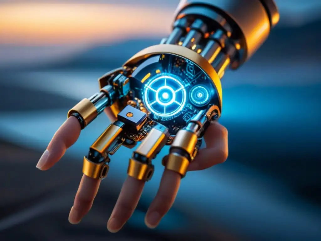 Integración perfecta: fusión de tecnología y humanidad en una mano Mano humana fusionada con tecnología avanzada, simbolizando la integración de la tecnología en el ser