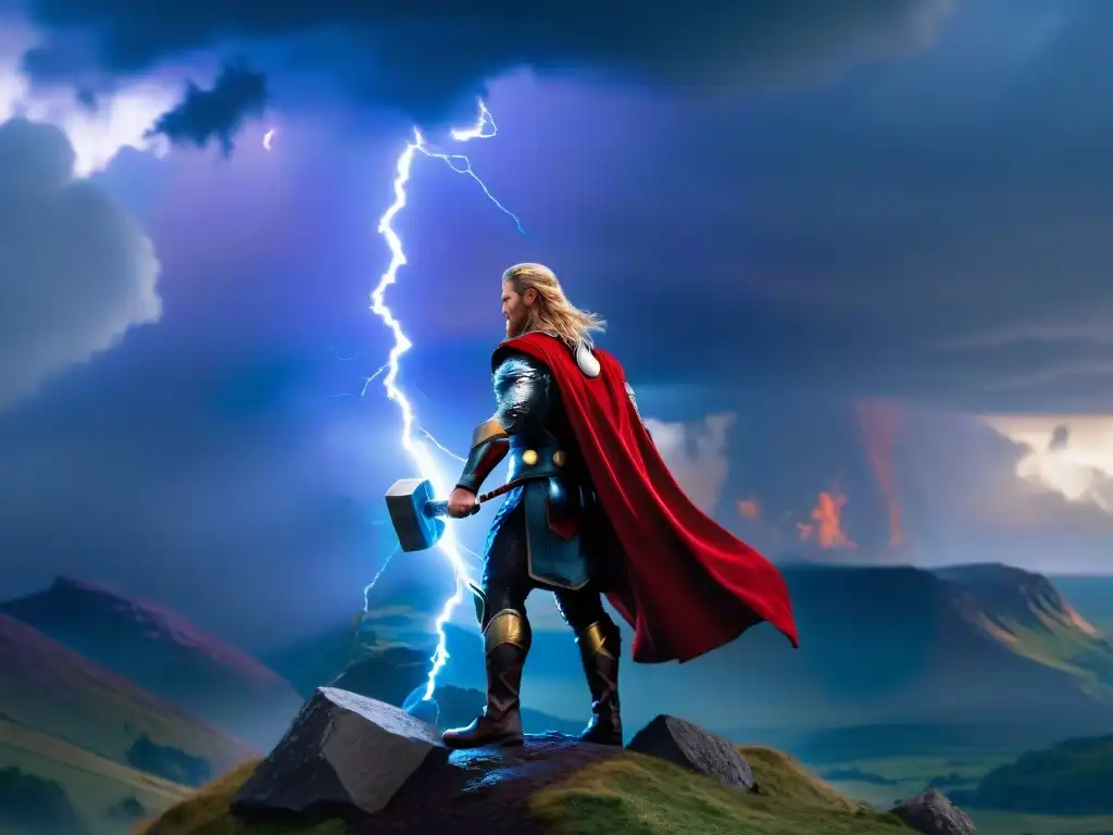 Thor, con Mjolnir en la mano, majestuoso en la cima de la montaña, rodeado de tormenta y poder nórdico al atardecer