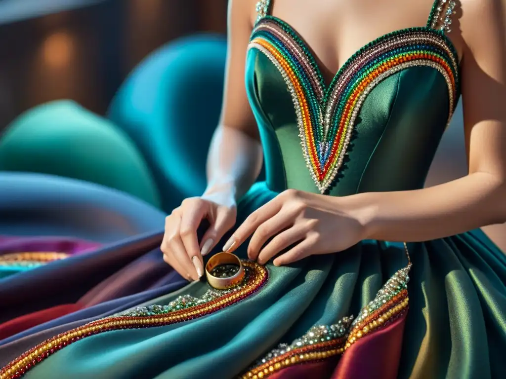 Manos de diseñadora de moda cosiendo detalladamente abalorios en un vestido de gala, en un atelier con iluminación dramática