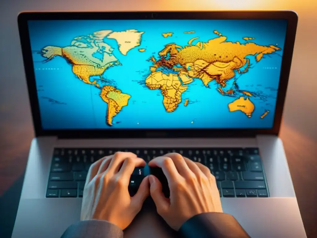 Manos escribiendo en laptop, mapa mundial con líneas conectadas, simbolizando la decadencia lingüística en imperios