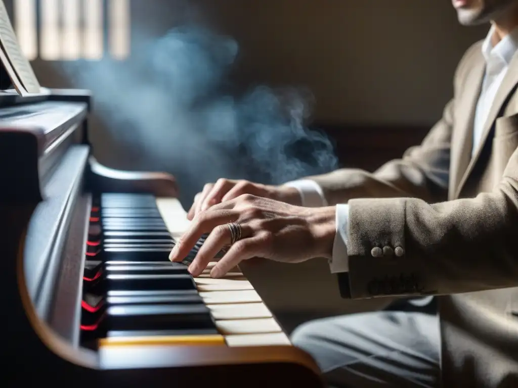 Las manos del pianista, cubiertas de polvo y sudor, tocan el piano en un campo de concentración