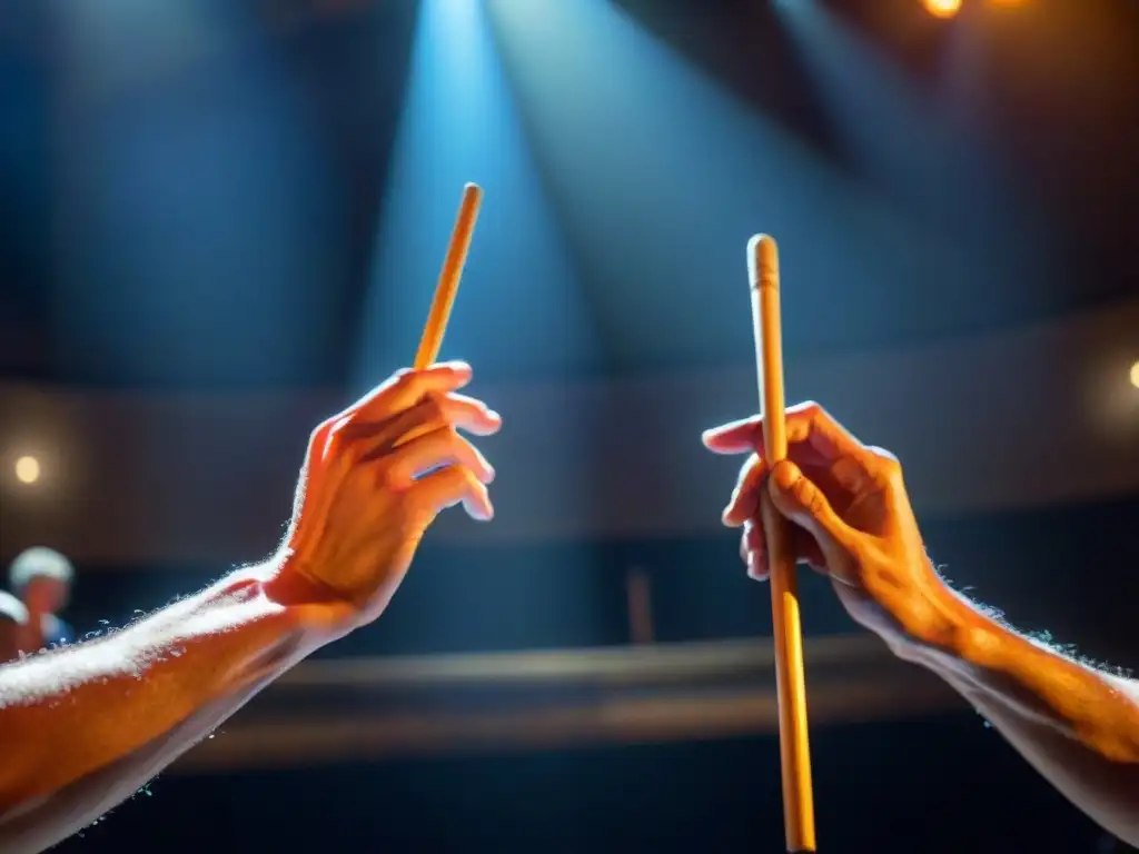 Manos temblorosas agarrando baquetas con intensidad bajo foco brillante en conservatorio de música