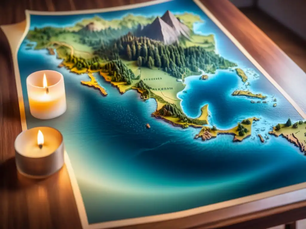 Mapa antiguo en mesa de madera iluminado por velas, revelando un mundo fantástico