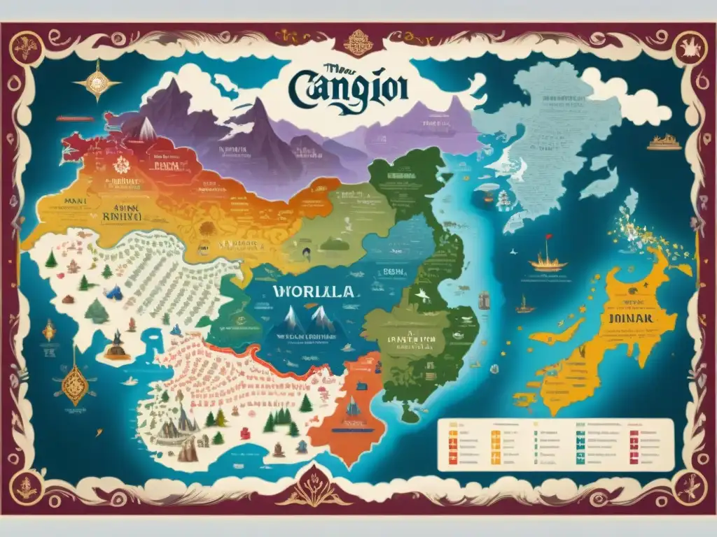 Un mapa detallado y complejo del mundo ficticio en 'Canción de Hielo y Fuego', destacando la diversidad lingüística en universos ficticios