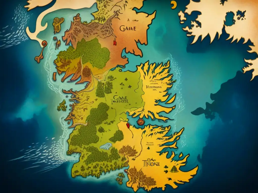 Un mapa detallado y envejecido de Westeros, mundo de Juego de Tronos, invita a explorar el análisis mitológico de la serie