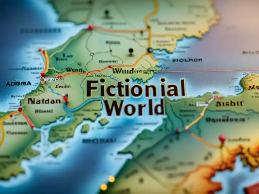 Mapa detallado e intrincado de un mundo ficticio, con ciudades y paisajes diversos en un lenguaje desconocido y enigmático, envejecido y misterioso