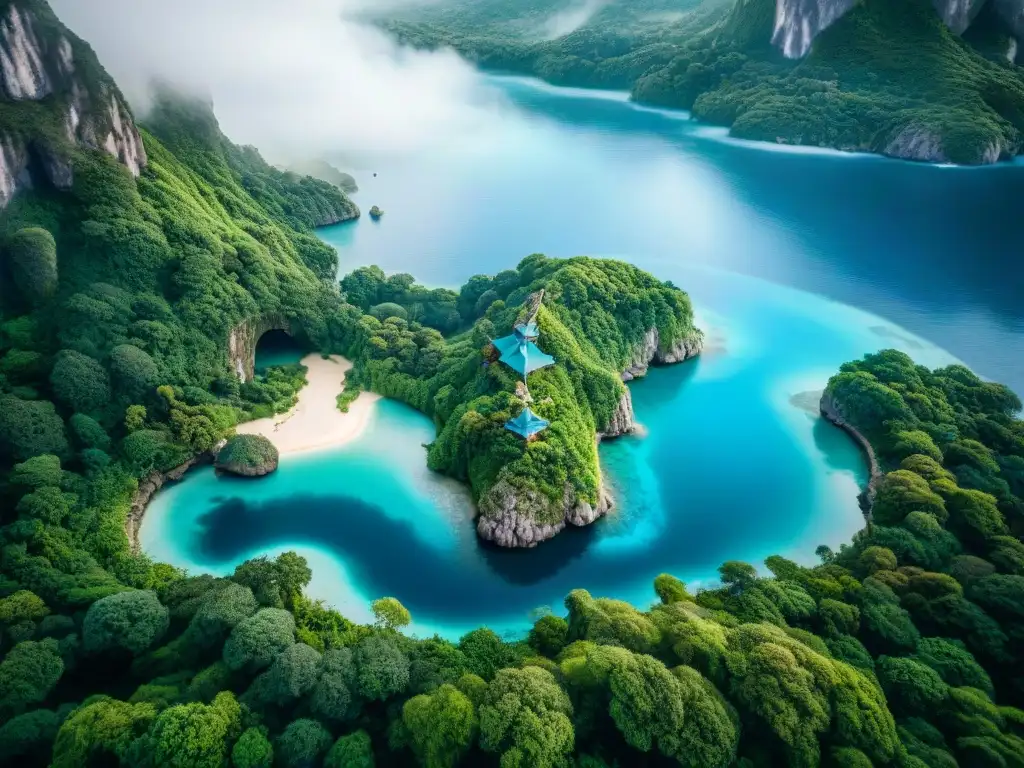 Mapa detallado de la Isla Nunca Jamás, con bosques verdes, aguas azules y cuevas ocultas, invitando a la aventura