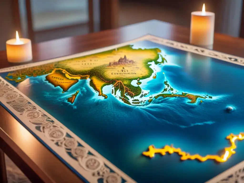 Mapa detallado en mesa iluminada por velas, con tierras fantásticas y criaturas míticas