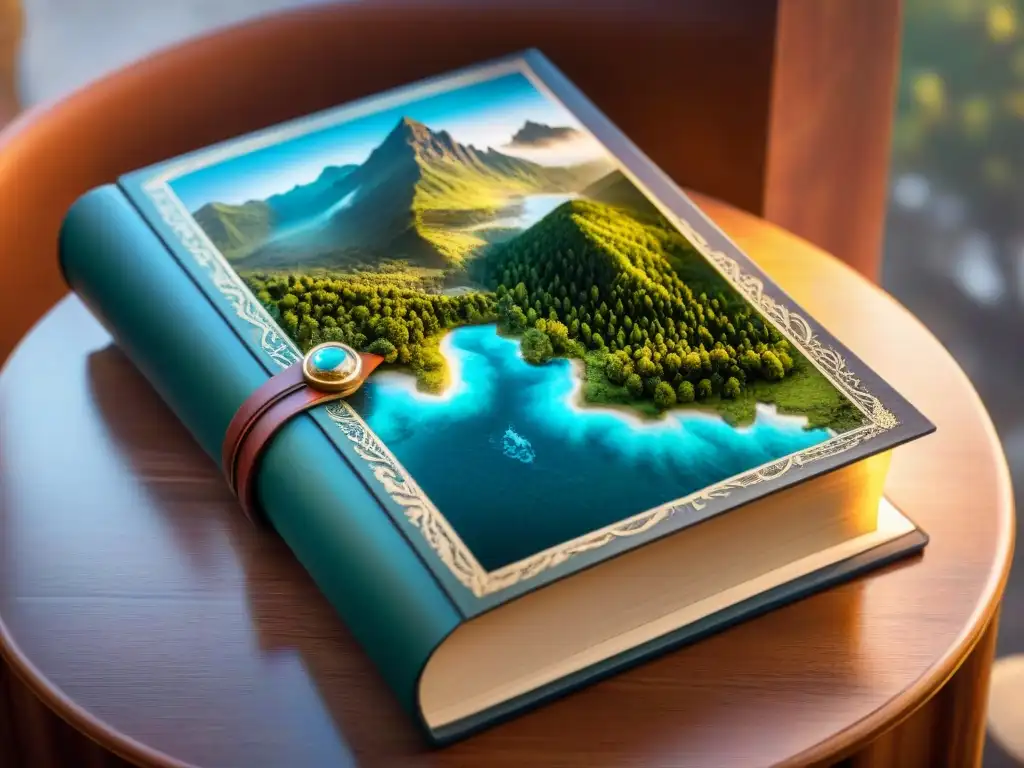 Mapa fantástico en libro antiguo: detalle y colorido Mapa detallado de un mundo fantástico en un antiguo libro de cuero