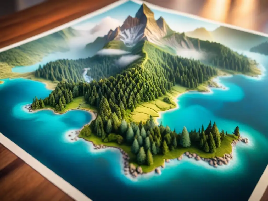 Mapa antiguo de un mundo fantástico con detalles misteriosos Mapa detallado de un mundo fantástico, lleno de bosques, montañas, ciudades e ríos