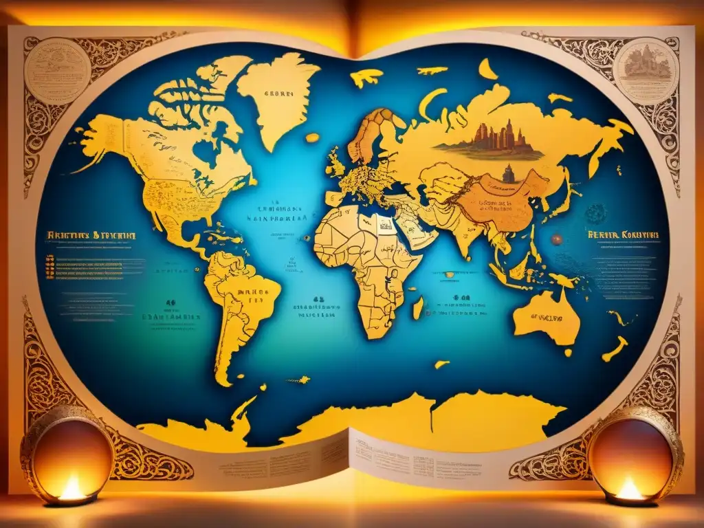 Mapa detallado de un mundo ficticio en pergamino antiguo iluminado por antorchas, destacando la importancia de las lenguas en mundos ficticios