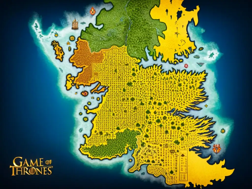 Mapa detallado del mundo ficticio de Game of Thrones, mostrando las alianzas entre reinos y casas