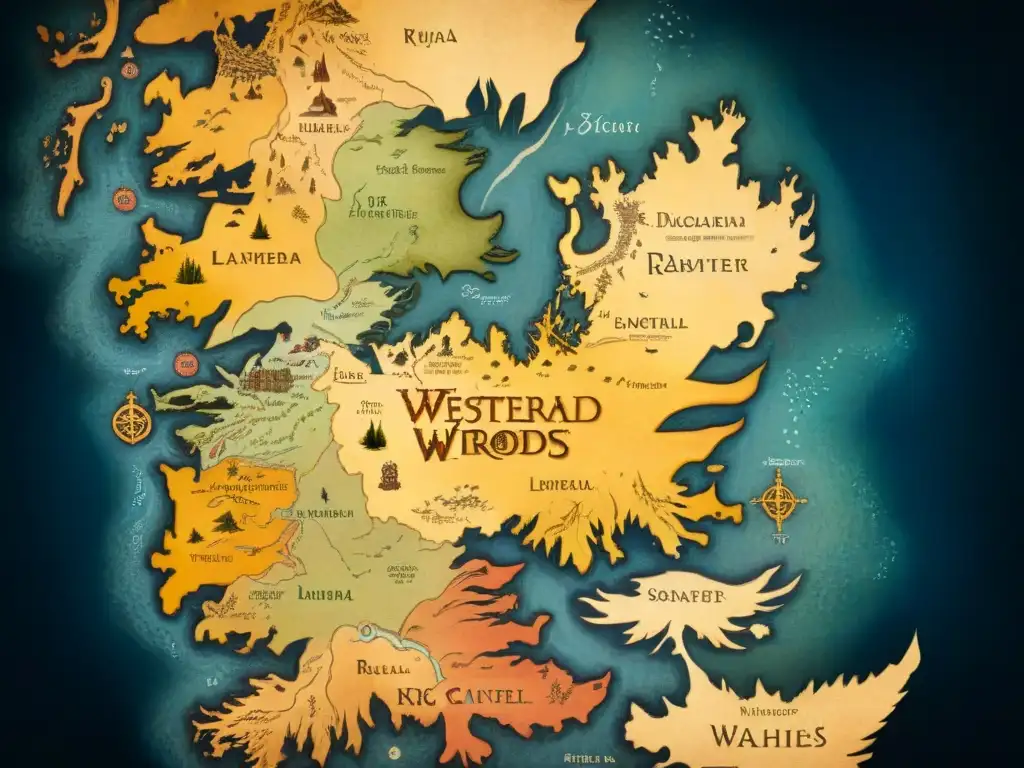 Un mapa detallado del mundo ficticio de Westeros, resaltando lugares clave como Desembarco del Rey, Invernalia y el Muro