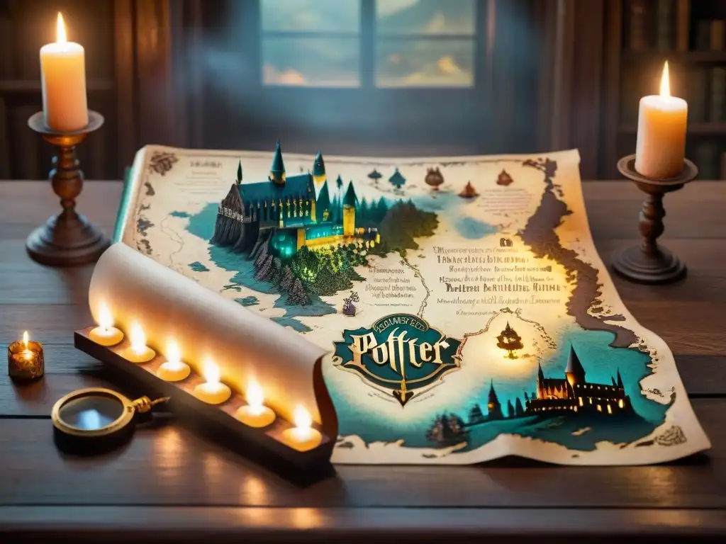 Mapa detallado de Hogwarts: secretos iluminados Un mapa detallado de pergamino en una mesa de madera, iluminado por una vela