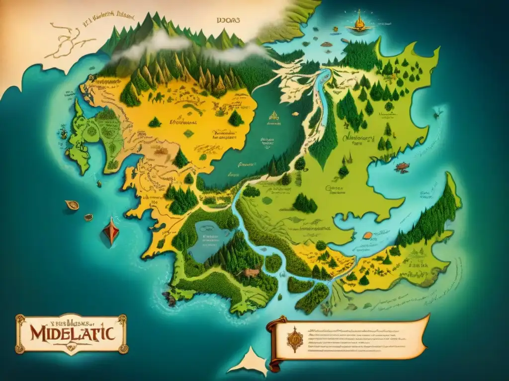 Mapa detallado de Tierra Media, con lenguajes élficos y runas envejecidas, resaltando el legado Tolkien lingüístico fantasía