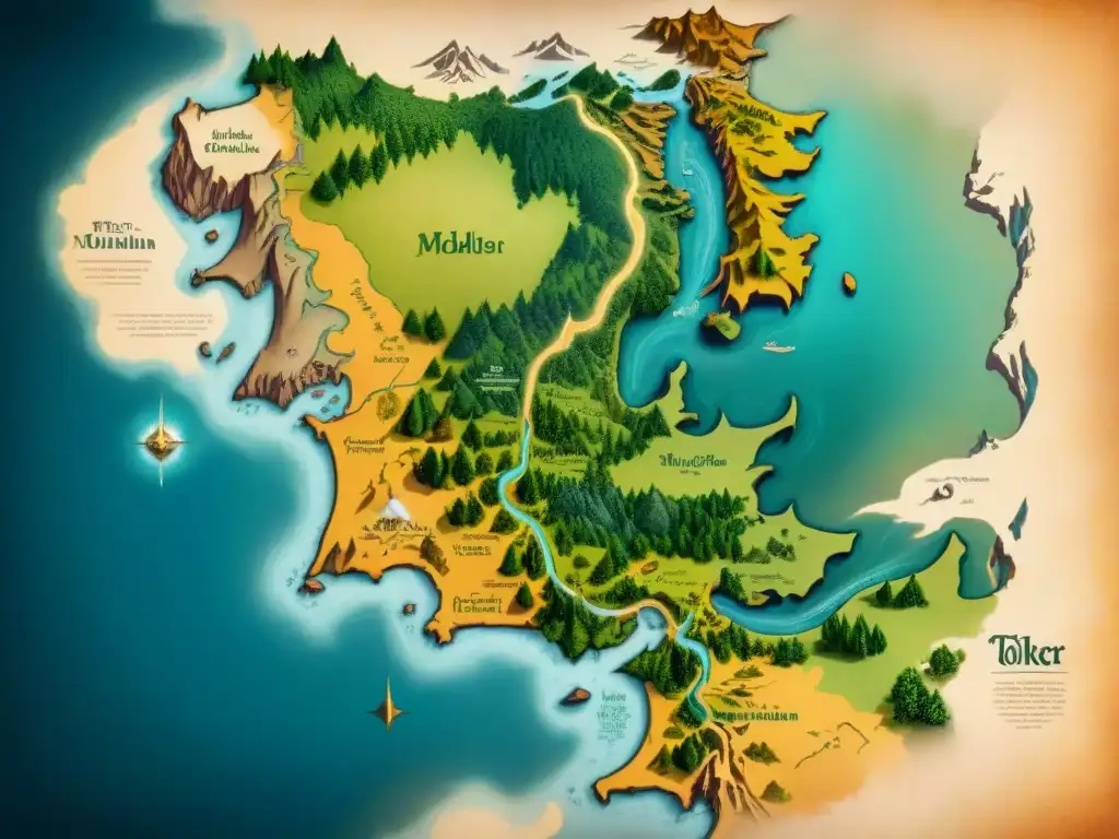 Mapa detallado de la Tierra Media de Tolkien, con paisajes diversos y localizaciones detalladas en caligrafía