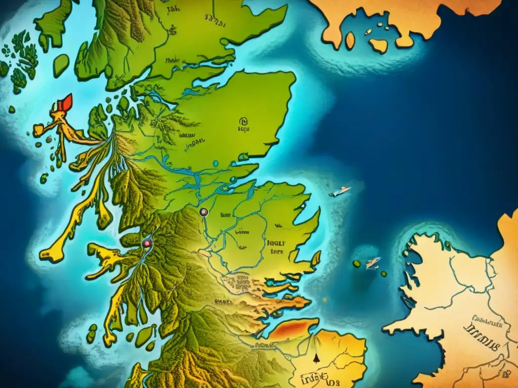 Mapa detallado de Westeros y Europa en la Edad Media, mostrando paisajes, ríos, montañas y asentamientos en un estilo realista y vibrante