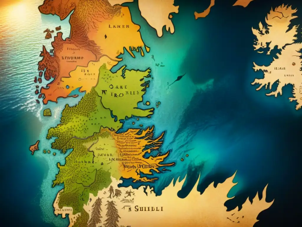 Un mapa detallado de Westeros envejecido, rodeado de ilustraciones de lugares icónicos, bañado en luz dorada