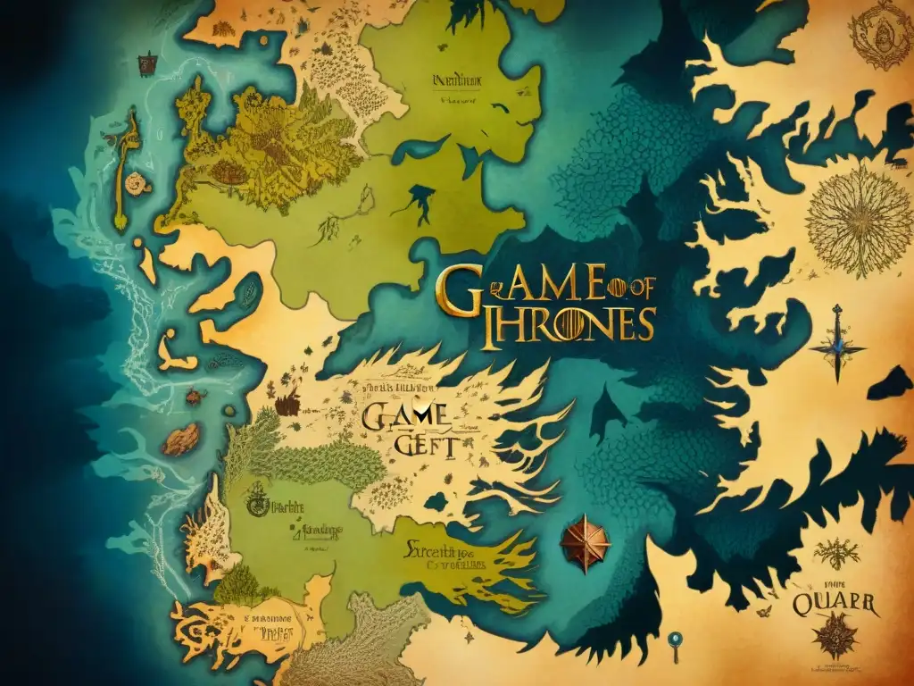 Mapa detallado de Westeros con ilustraciones envejecidas de castillos, paisajes y sigilos, evocando historia y poder