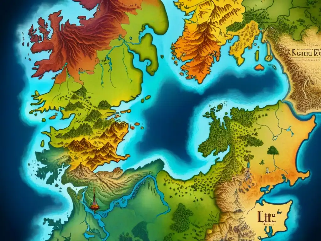 Mapa detallado de Westeros y Europa Medieval, resaltando montañas, ríos y ciudades en colores vibrantes