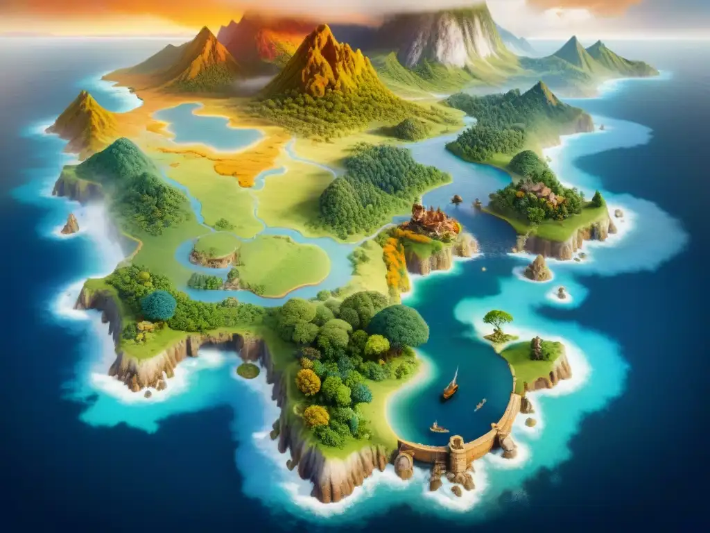 Un mapa fantástico detallado con paisajes diversos y elementos mágicos, ideal para Creación de mundos de fantasía