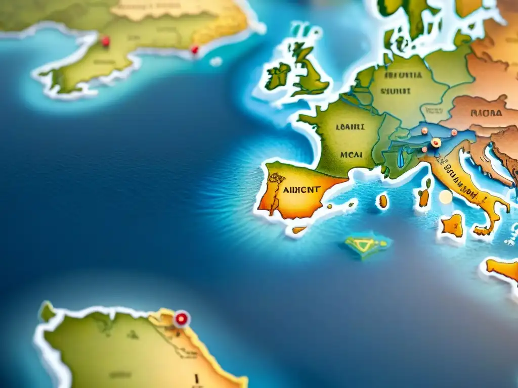 Mapa fantástico detallado con paisajes intrincados, criaturas míticas y civilizaciones diversas