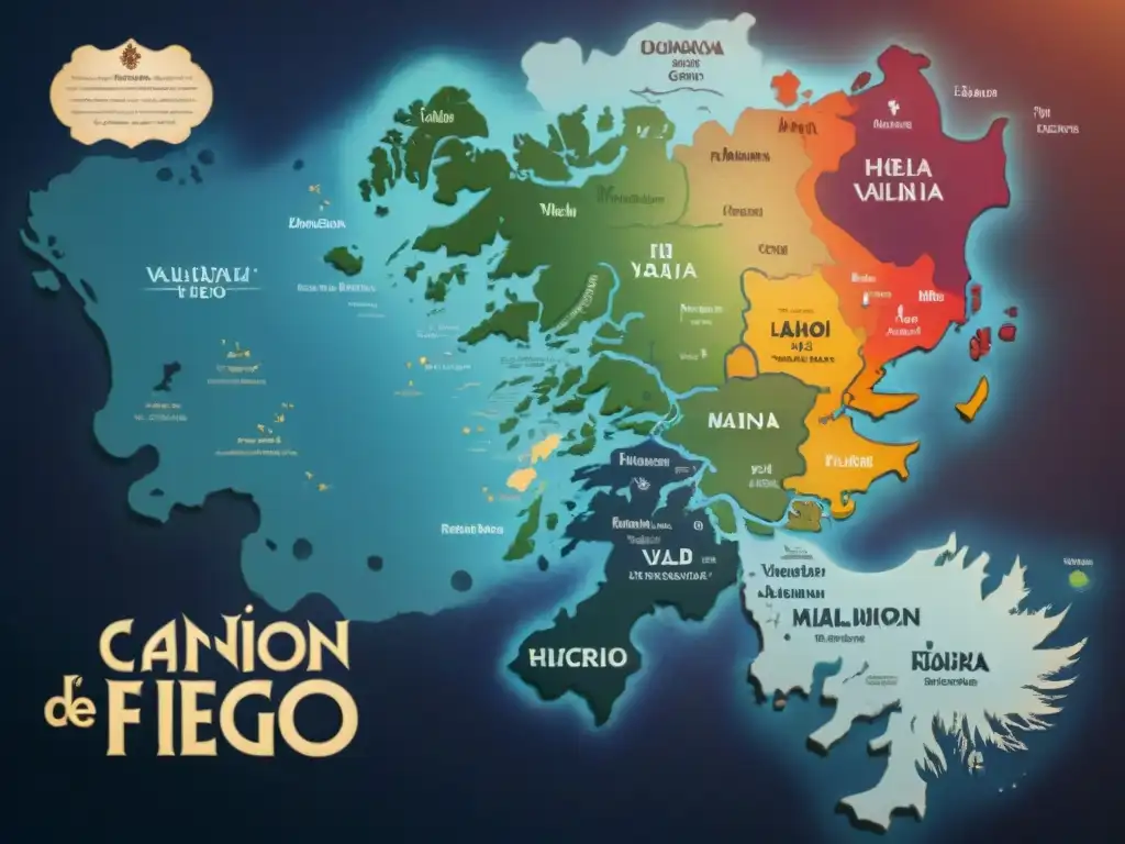 Mapa lingüístico detallado de 'Canción de Hielo y Fuego' con alfabetos y regiones geográficas correspondientes a cada idioma