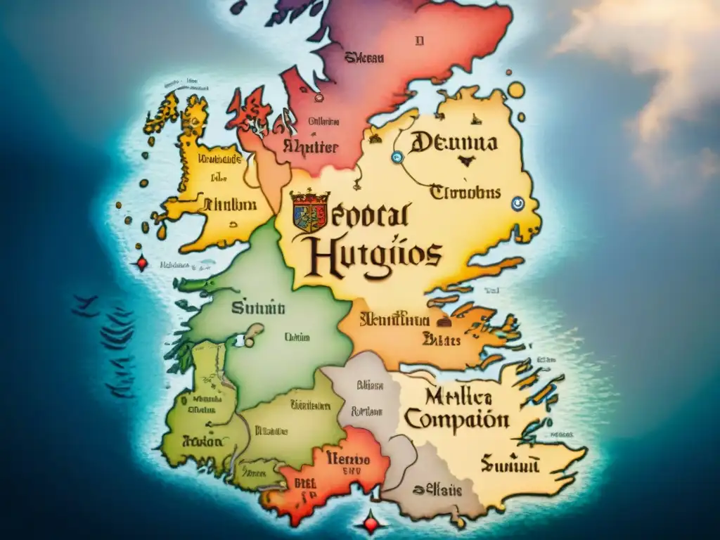 Mapa lingüístico detallado de Westeros con diversidad de idiomas y caligrafía, integrando elementos icónicos de la serie