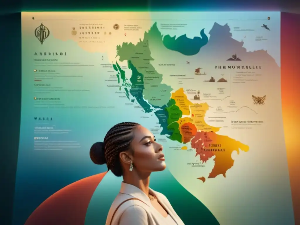 Mapa lingüístico en mundos ficticios, con scripts únicos y colores vibrantes en un fondo antiguo