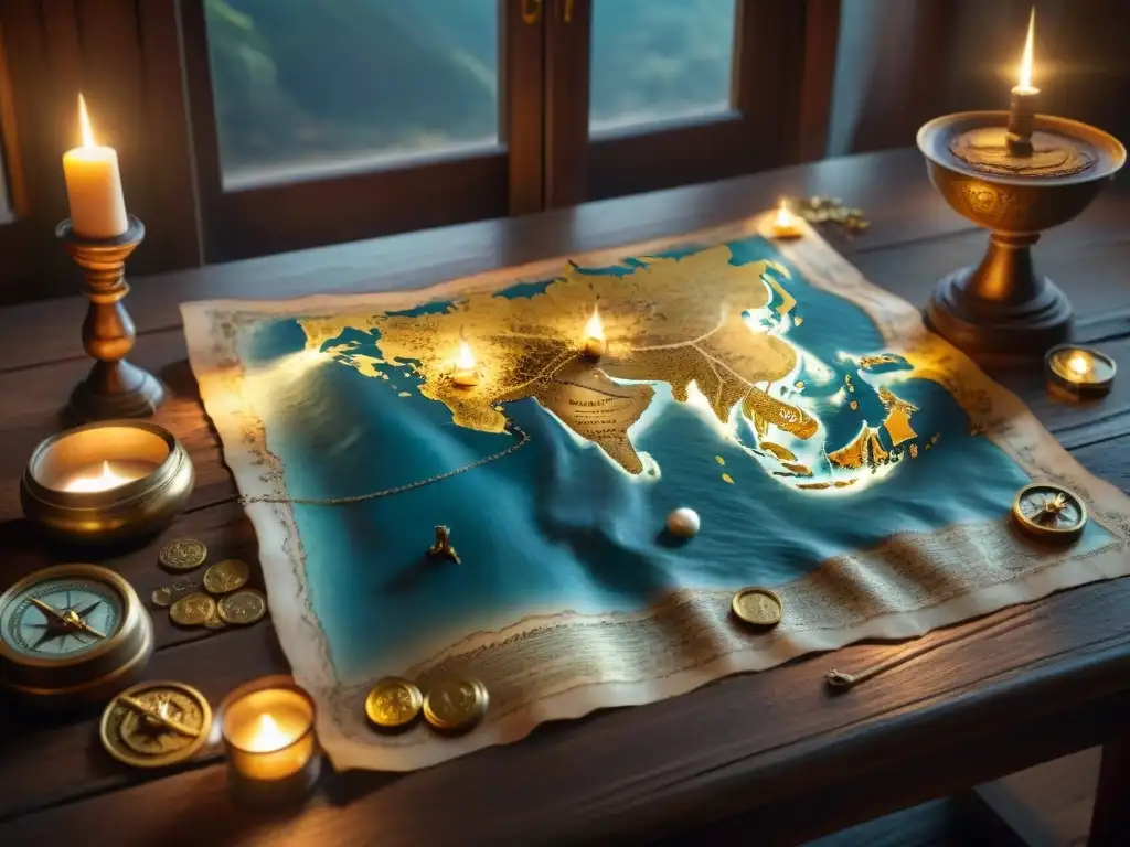 Un mapa del tesoro antiguo en una mesa de madera iluminada por velas, con monedas de oro y brújulas