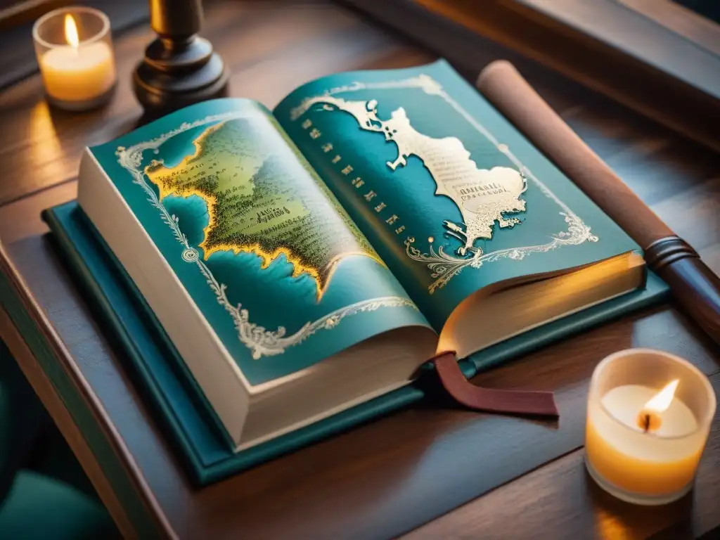 Mapa fantástico en libro antiguo: descubre un mundo mágico Mapas de otros mundos especiales: Un libro antiguo abierto muestra un detallado mapa fantástico iluminado por luz de vela cálida