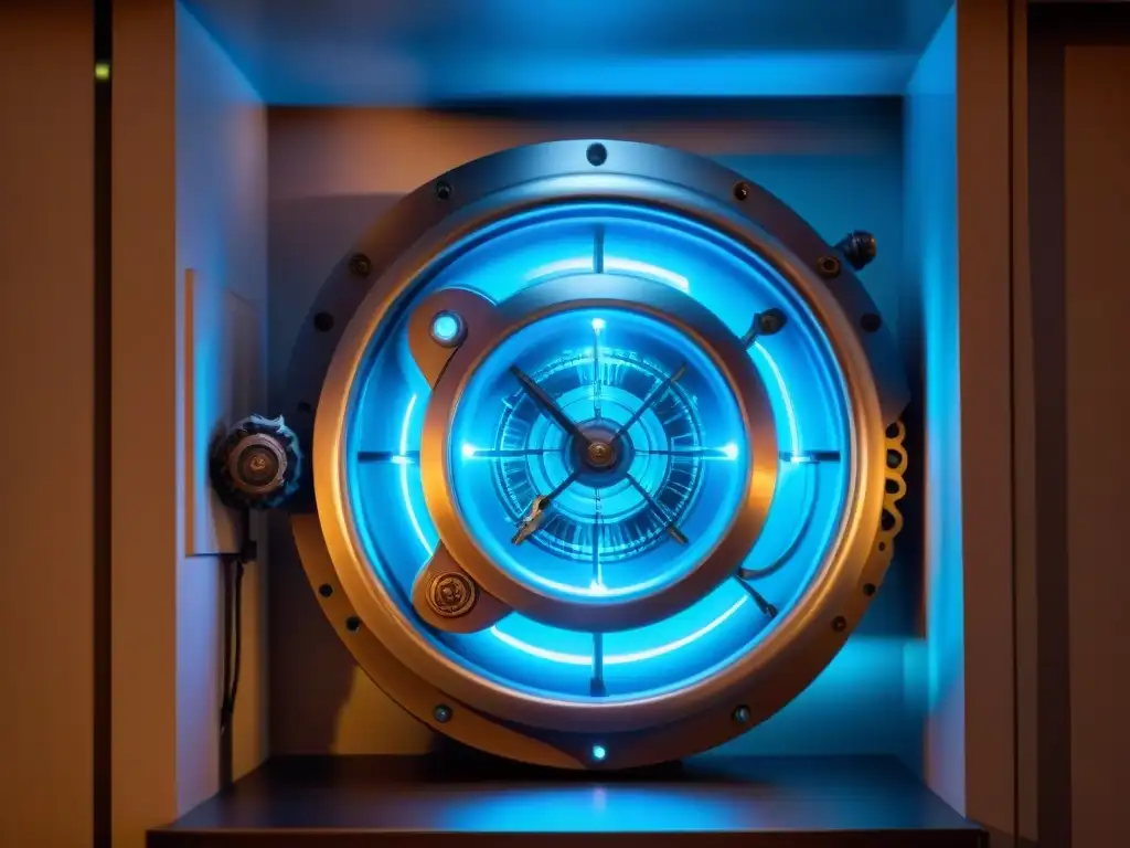 Una máquina del tiempo futurista estilo steampunk con engranajes y luces azules, en un laboratorio oscuro con energía vórtice