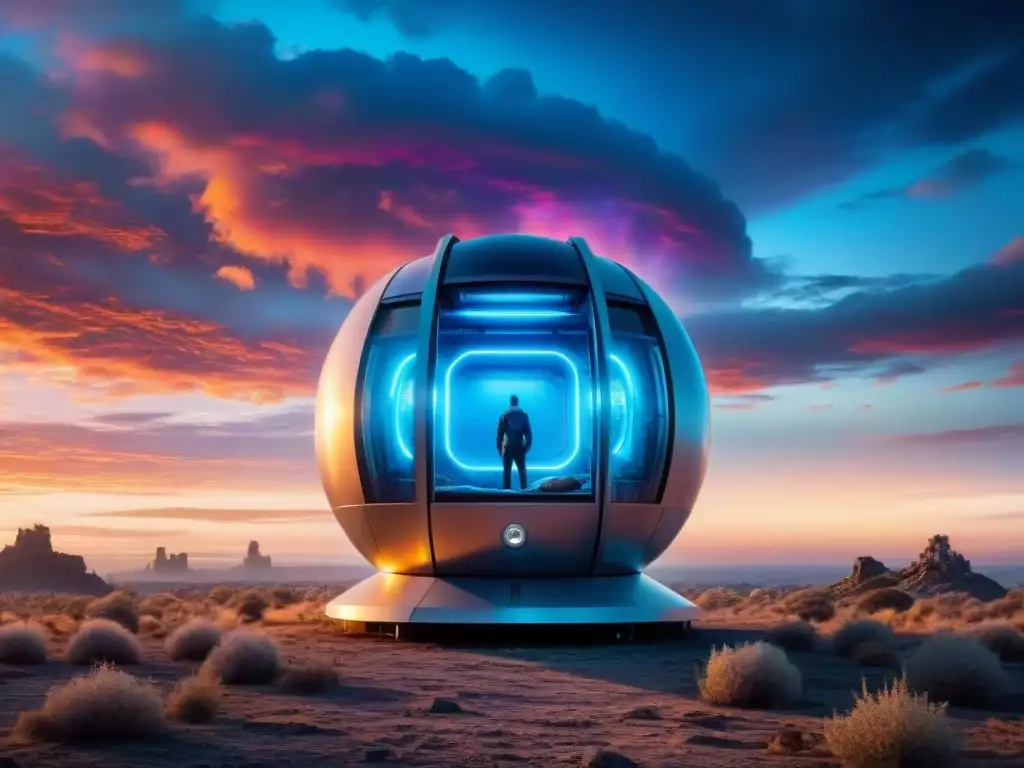 Una máquina de viajes en el tiempo futurista rodeada de energía, en un paisaje postapocalíptico