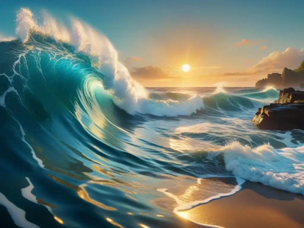 Un mar místico lleno de criaturas encantadas y olas gigantes, evocando escenas de una novela de fantasía